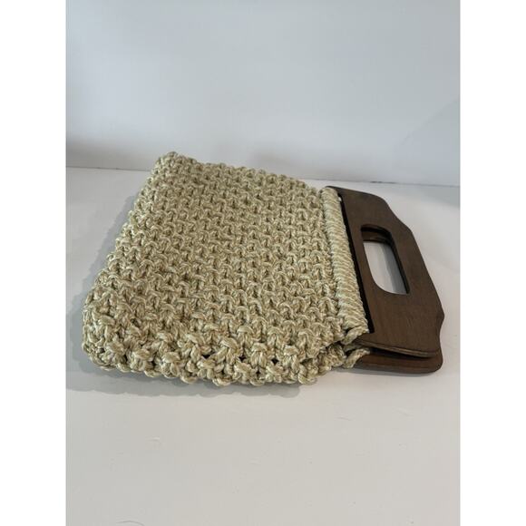 Vintage Woven Macrame Jute Rope Bag Clutch Purse Wood Handle - Picture 10 of 12